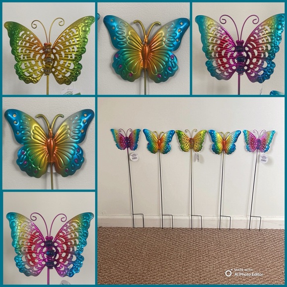 Other - NWT- Set of 5- Colorful Painted Metal Butterfly 🦋 Yard Stakes w/ Marble Bodies